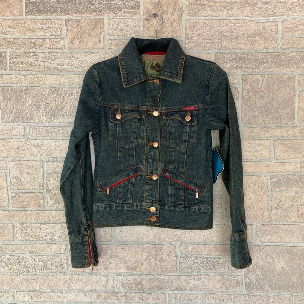 Thor Women's Denim Jean Moto Jacket with Red Accents